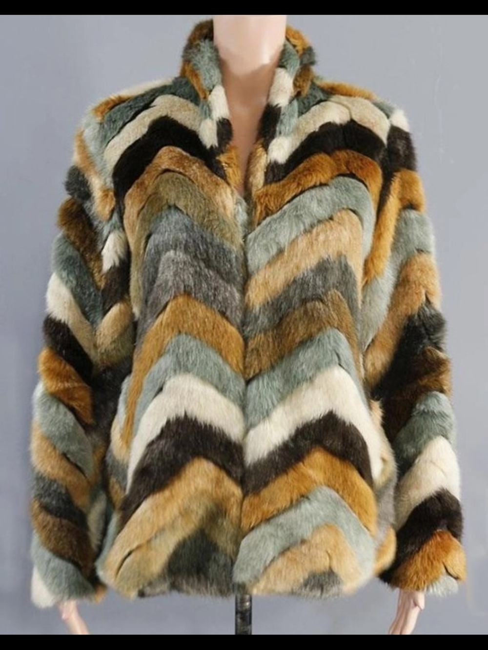Chevron Faux-Fur Puffer Coat in Blue, Tan & Cream